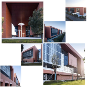 A collage featuring various sections of the Penang Innovation Hub, including vertical gardens, terracotta facades, and modern glass structures.